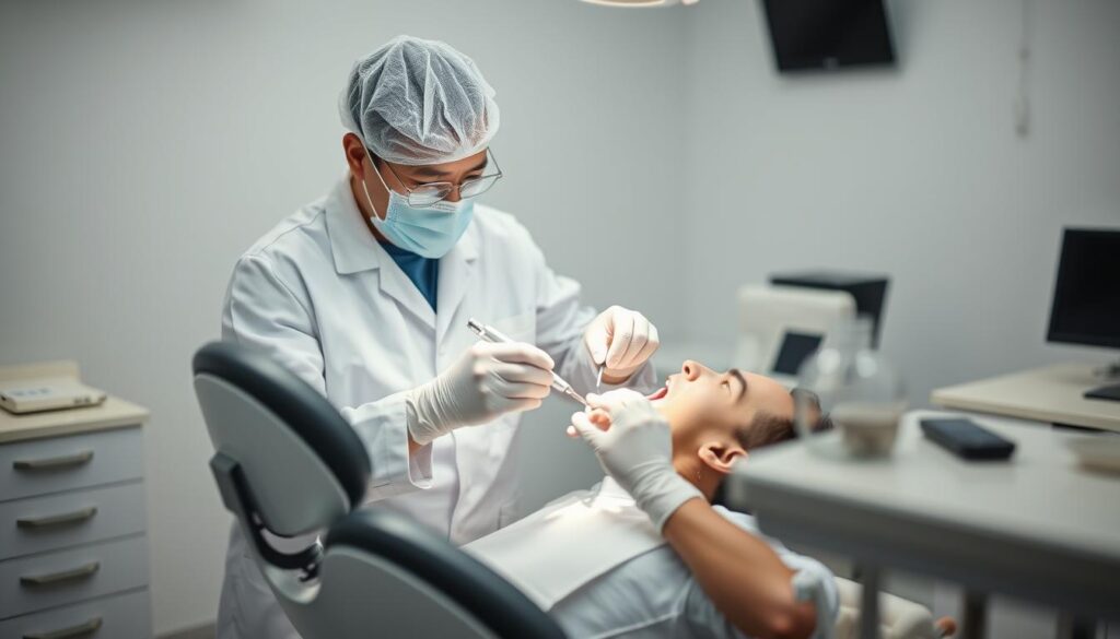 A sterile dental office setting with a dentist and patient engaged in a routine dental procedure. The dentist wears a white coat and surgical mask, using precision dental tools to examine the patient's teeth. The patient reclines in a modern dental chair, mouth open as the dentist carefully inspects and cleans their teeth. Soft, even lighting illuminates the scene, creating a sense of clinical professionalism. The background features the clean, minimalist decor typical of a well-equipped dental practice, conveying an atmosphere of care and expertise.