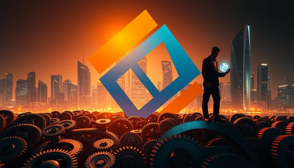 A striking visual metaphor depicting the "Clever Insurance Advantage". In the foreground, a silhouetted figure navigates a maze of intricate gears and cogs, symbolizing the complexities of the insurance industry. The figure holds a glowing orb, representing a clear, intuitive understanding of the system. In the middle ground, vibrant blue and orange geometric shapes interlock, creating a sense of order and synergy. The background features a sleek, high-tech cityscape bathed in warm, diffused lighting, conveying a future-forward, innovative atmosphere. The overall composition suggests the power of intelligence, strategy, and foresight in unlocking the true "Clever Insurance Advantage".