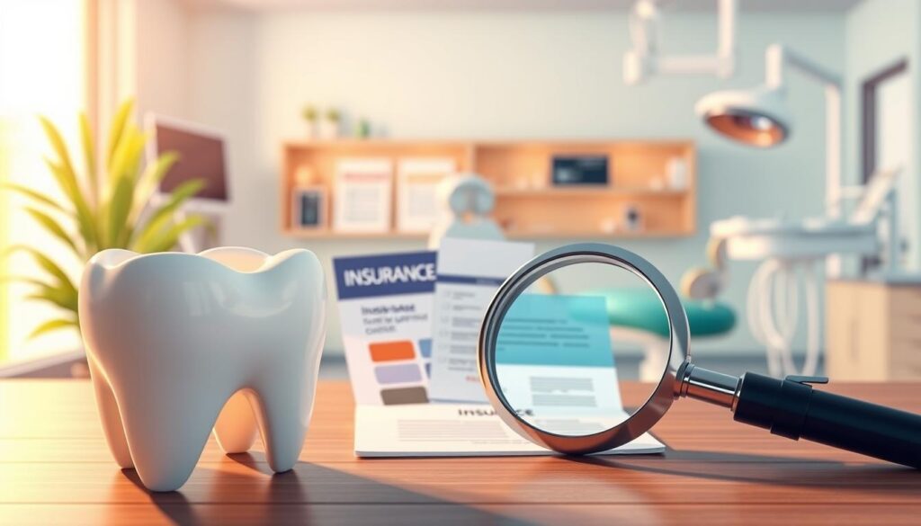 A stylized illustration depicting the key features of dental insurance coverage. In the foreground, a set of healthy teeth and a magnifying glass, symbolizing the focus on dental care. The middle ground showcases an insurance card, invoices, and a calculator, representing the financial aspects of coverage. In the background, a serene office setting with dental equipment, conveying a professional and trustworthy atmosphere. The lighting is soft and warm, creating a welcoming and reassuring ambiance. The overall composition emphasizes the intersection of dental health and insurance, reflecting the importance of accessible and comprehensive coverage.
