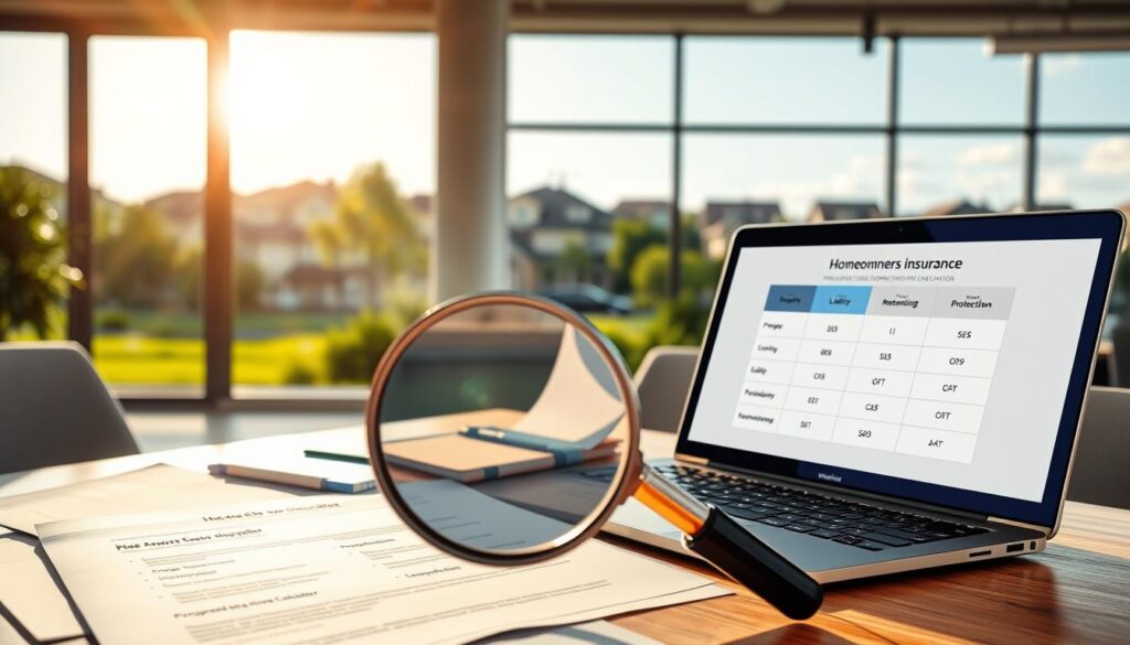 A sunlit, modern office interior with a large desk showcasing various insurance policy documents and brochures. In the foreground, a magnifying glass highlights the key coverage options, including property, liability, and personal belongings protection. The middle ground features a laptop displaying an interactive coverage calculator, enabling personalized policy comparisons. The background depicts a panoramic window overlooking a suburban neighborhood, symbolizing the comprehensive protection provided by homeowners insurance. Warm, natural lighting bathes the scene, conveying a sense of security and trust.