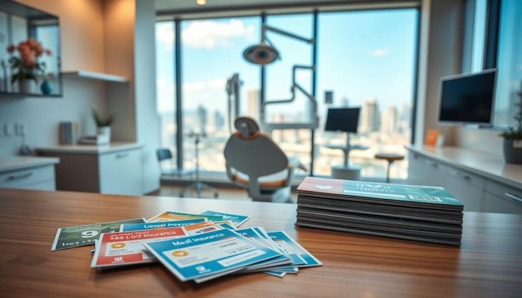 A vibrant dental office showcasing a variety of dental insurance plans. In the foreground, an array of colorful insurance cards and brochures are neatly arranged on a clean, wooden desk, illuminated by soft, warm lighting. The middle ground features a modern, minimalist dental chair and equipment, conveying a sense of professionalism and high-quality care. In the background, a large window overlooks a bustling city skyline, creating a serene and inviting atmosphere. The overall scene exudes a sense of trust, reliability, and a commitment to providing quality dental services covered by a range of insurance options.