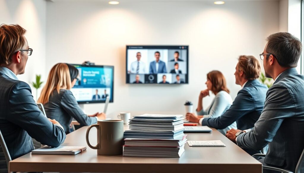 A vibrant, dynamic scene depicting the concept of "insurance continuing education". In the foreground, a group of insurance professionals eagerly engage in a webinar, their attention captivated by the informative presentation on a sleek, modern computer screen. The middle ground features a stack of insurance-related documents and a coffee mug, conveying a sense of professional diligence. The background showcases a minimalist office environment, with clean lines, neutral tones, and subtle geometric shapes, creating a calm, focused atmosphere. Soft, diffused lighting gently illuminates the scene, highlighting the educational and collaborative nature of the subject matter.