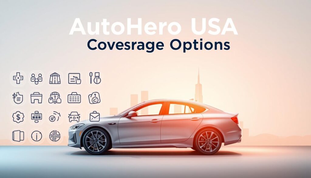 A vibrant, high-resolution image of "AutoHero USA Coverage Options" set against a clean, professional backdrop. In the foreground, showcase various insurance coverage icons and symbols, such as a car, a medical cross, and a dollar sign, arranged in an organized grid layout. In the middle ground, have a sleek, modern car silhouette to represent the core automotive focus. In the background, a subtle cityscape or landscape with iconic American landmarks to convey the nationwide scope of AutoHero's services. Employ a warm, inviting color palette and soft, diffused lighting to create a sense of trust and reliability. The overall composition should be visually striking, informative, and aligned with the article's subject and section title.