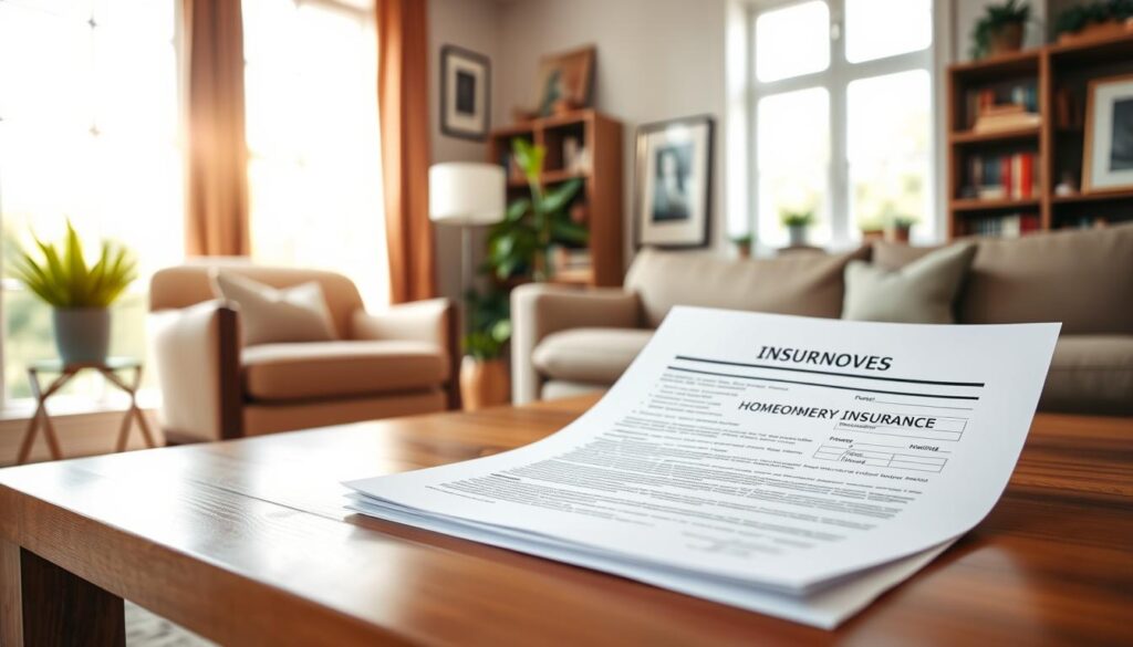 A warm, inviting living room with natural sunlight streaming through large windows, showcasing a detailed homeowner's insurance policy document prominently displayed on a wooden coffee table. The document's pages are crisp and well-organized, conveying a sense of security and protection. In the foreground, a stylish, comfortable armchair and a potted plant add a cozy, lived-in feel, while the background features bookshelves and framed artwork, creating a sense of a well-appointed, secure home. The lighting is soft and diffused, creating a calming, reassuring atmosphere, as if to suggest the homeowner's confidence in their insurance coverage.