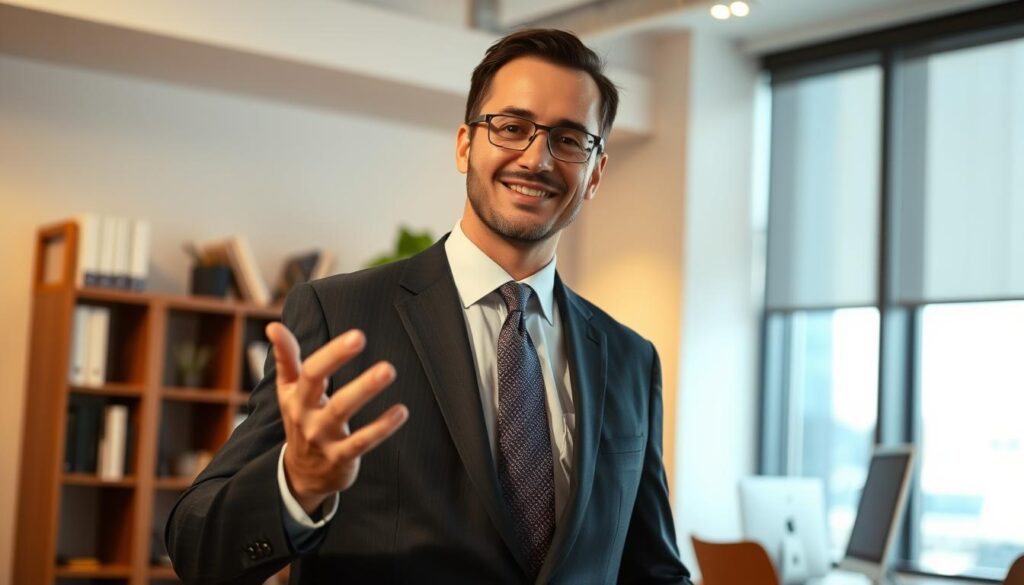 A well-dressed, professional-looking person standing in a modern, well-lit office setting, with a bookshelf, desk, and computer visible in the background. The person has a confident, approachable demeanor and is gesturing with their hands, suggesting they are engaged in a conversation or presentation. The lighting is warm and directional, creating a sense of depth and highlighting the person's features. The overall atmosphere conveys an air of expertise, competence, and accessibility, reflecting the role of a workers' compensation attorney who can provide legal assistance with health insurance issues.