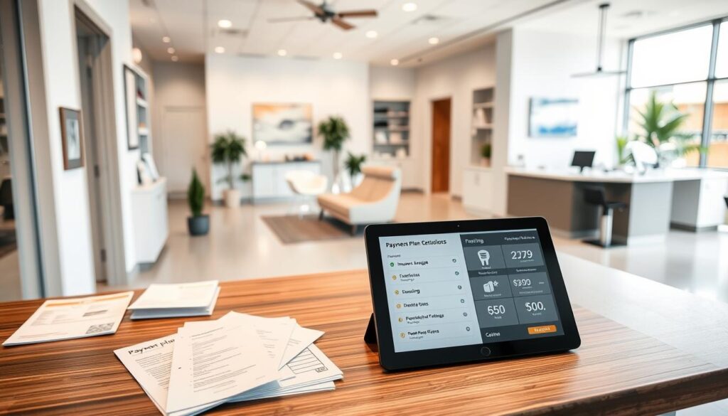 A well-lit, high-resolution photograph of a modern, organized dental office reception area, featuring a clean, minimalist design with neutral tones and natural lighting. In the foreground, a wooden or granite countertop showcases a variety of payment-related materials, including brochures, forms, and a tablet display demonstrating various payment plan options, such as insurance coverage, payment plans, and financing. The middle ground shows a welcoming seating area with comfortable chairs and plants, while the background depicts a sleek, professional-looking dental practice with state-of-the-art equipment and a warm, inviting atmosphere.