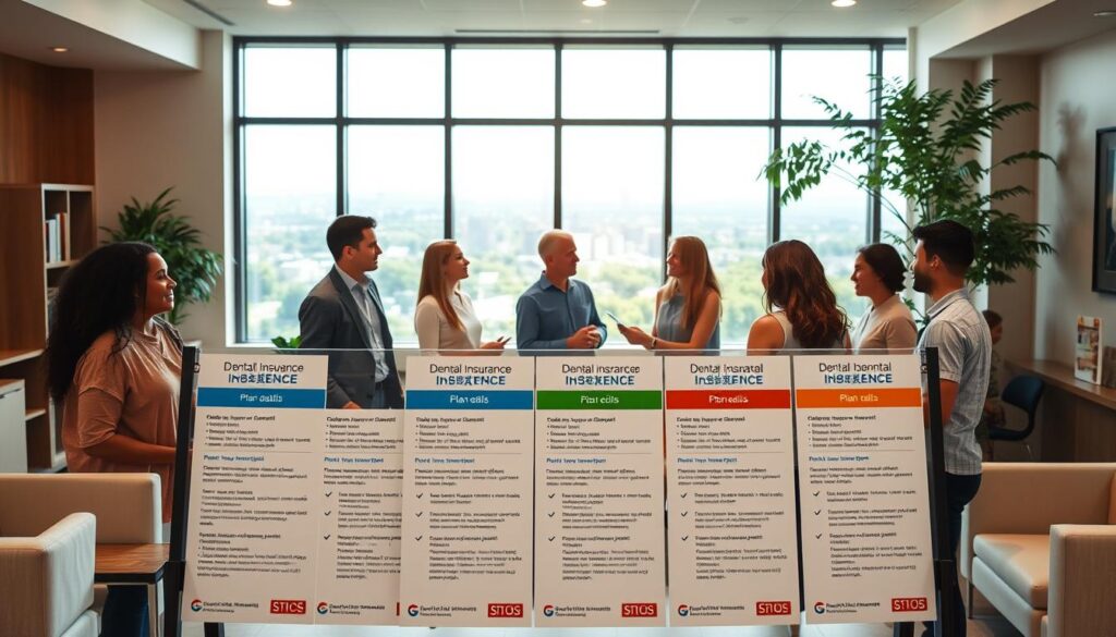 A well-lit lobby setting, with modern dental office decor and comfortable furniture. In the foreground, a display showcases various dental insurance plan options, each with clear plan details and benefits highlighted. The middle ground features a group of diverse individuals, each examining the plan details and conversing with a friendly receptionist. The background depicts an expansive window overlooking a lush, sun-drenched cityscape, conveying a sense of warmth and relaxation. The overall scene exudes a professional, yet approachable atmosphere, inviting visitors to explore their dental insurance options with ease.
