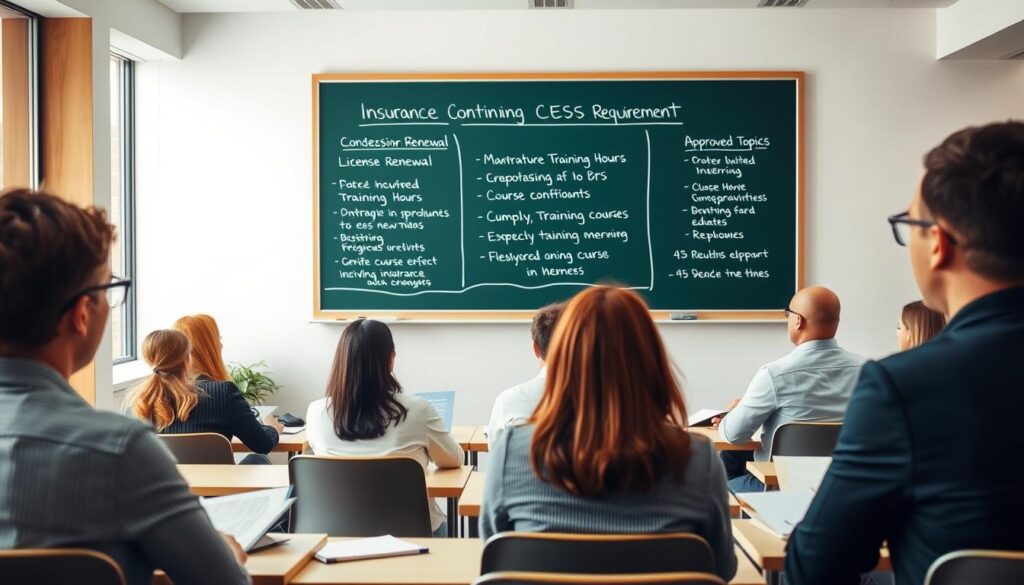 A well-lit, modern classroom setting with a chalkboard or whiteboard at the center. The board displays a diagram explaining the various insurance continuing education (CE) requirements, such as license renewal, mandatory training hours, and approved course topics. In the foreground, a group of insurance professionals intently listening to a lecturer, taking notes, and discussing the information. The middle ground features desks, chairs, and educational materials, creating a sense of active learning. The background showcases a window view or visual aids, reinforcing the educational atmosphere. Soft, natural lighting and a warm, inviting color palette set the mood for an informative and engaging insurance CE session.