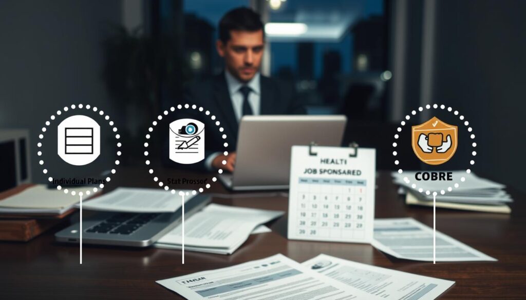 A well-lit office setting, with a businessperson sitting at a desk, laptop open, and various insurance documents scattered around. In the foreground, a visual representation of health insurance options, including individual plans, COBRA, and state-sponsored programs, presented as distinct icons or infographic elements. The middle ground features a calendar or timeline, hinting at the time-sensitive nature of insurance decisions after job termination. The background dimly shows a window or city skyline, evoking a sense of uncertainty and the need to make informed choices. The overall mood is one of careful consideration, with a neutral, professional tone.