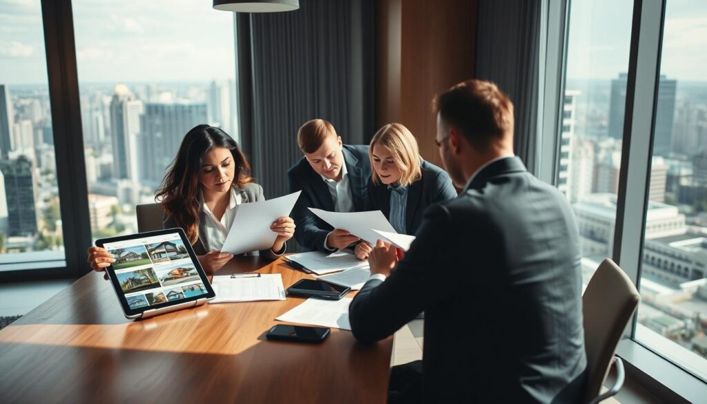 A well-lit office setting with a team of real estate professionals collaborating around a wooden conference table. In the foreground, a realtor showcases property listings on a tablet, while another agent reviews paperwork. In the middle ground, a mortgage broker discusses financing options with a client. The background features a large window overlooking a bustling cityscape, conveying a sense of professionalism and industry expertise. The scene is captured with a wide-angle lens, creating depth and emphasizing the teamwork and camaraderie of the real estate professionals.