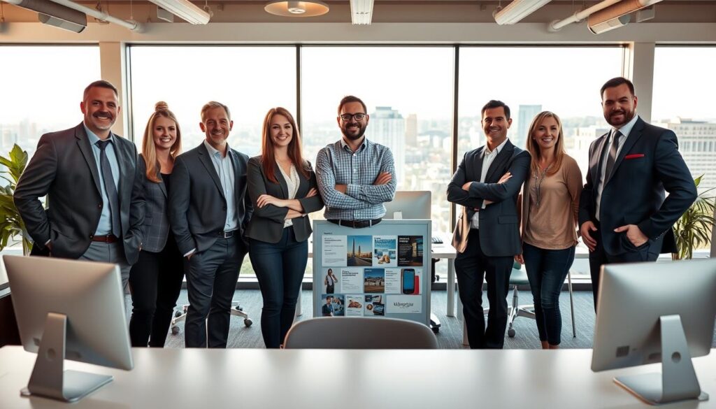 An alliance insurance team standing proudly in a modern, well-lit office. In the foreground, five diverse individuals - an experienced manager, a personable customer service representative, a diligent claims adjuster, a knowledgeable underwriter, and a tech-savvy analyst - are arranged in a dynamic, collaborative pose. Their expressions convey professionalism, approachability, and a shared commitment to providing reliable insurance solutions. In the middle ground, the team's workspace is visible, with sleek desks, state-of-the-art computers, and a display showcasing the company's range of insurance products. The background features large windows overlooking the vibrant cityscape of Statesville, North Carolina, bathed in warm, natural lighting that captures the sense of a thriving, community-oriented business.
