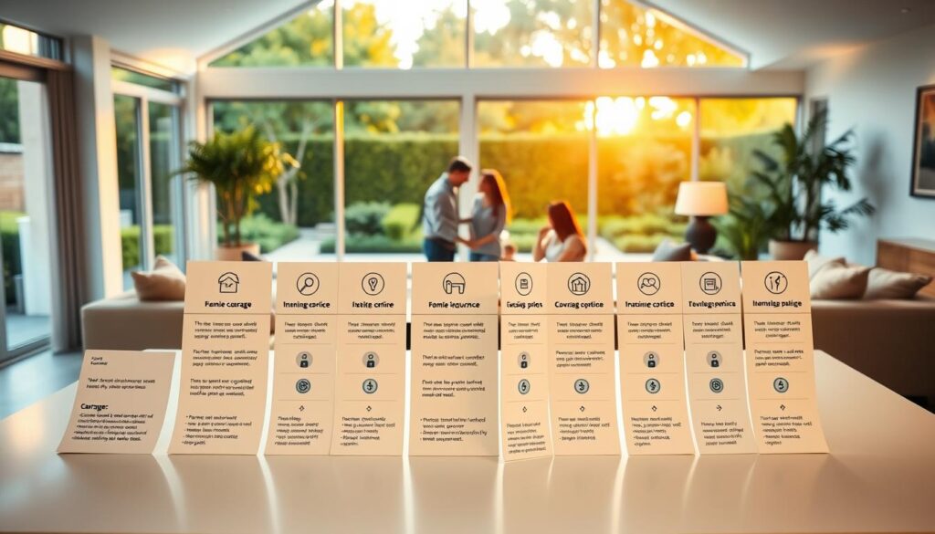 An expansive modern home with a cozy, inviting atmosphere. In the foreground, an array of insurance coverage options are displayed on a sleek, minimalist table, each with distinctive icons and detailed information. The middle ground features a family gathered around, discussing the coverage plans and customizing them to their specific needs. The background showcases a lush, landscaped garden, with warm, golden lighting filtering through large windows, creating a sense of comfort and security. The overall composition conveys the idea of a tailored, comprehensive home insurance solution that caters to the unique requirements of the homeowner.