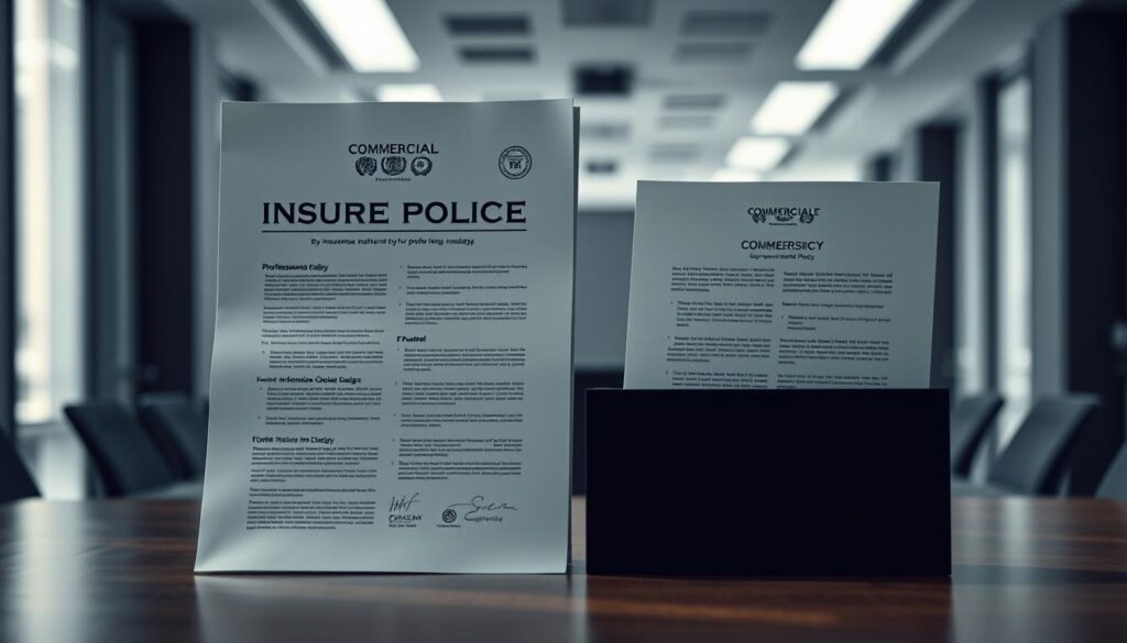 An expansive office scene with a contrast between two distinct insurance policy documents - one representing commercial use, the other personal. The commercial policy is larger, emblazoned with professional iconography, while the personal policy appears simpler, almost dwarfed in comparison. Muted lighting casts subtle shadows, emphasizing the differences in scale and formality. The background is a blurred, high-end office environment, hinting at the contexts in which these policies would be utilized. The composition draws the viewer's eye to the central contrast, inviting comparison and contemplation of the nuances between commercial and personal insurance coverage.