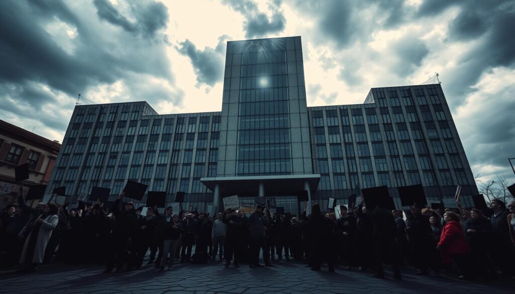 An imposing corporate building, its facade marred by cracks and graffiti, looming over a chaotic scene below. In the foreground, a swarm of angry protesters wielding signs denounce the company's reputation, casting ominous shadows across the cracked pavement. The sky overhead is heavy with storm clouds, casting an ominous glow over the proceedings. Lighting is dramatic, with sharp contrasts between light and dark, emphasizing the tension and uncertainty of the situation. The entire scene conveys a sense of vulnerability and the significant financial and reputational risks faced by businesses with inadequate coverage against such public-facing crises.