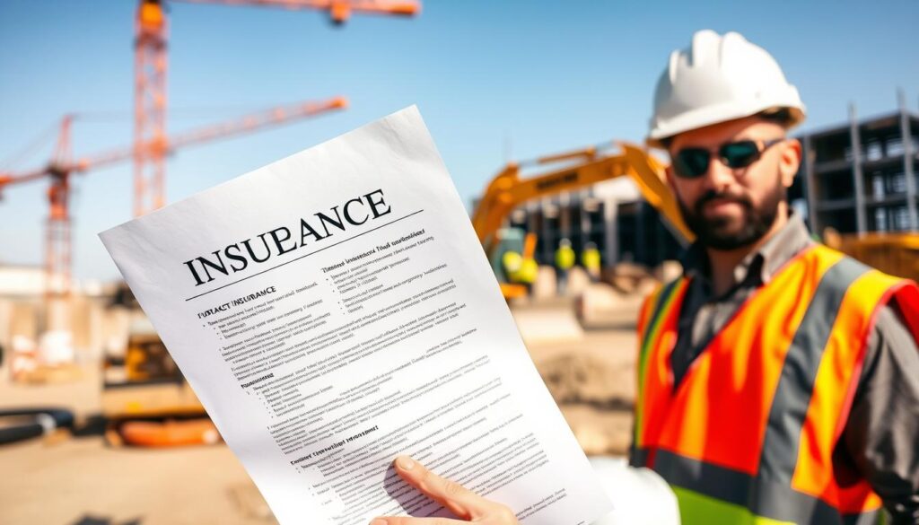 An outdoor construction site on a sunny day, with various heavy equipment including a crane, bulldozer, and excavator. The foreground features a close-up of an insurance document or policy being held by a construction worker in a hard hat and safety vest. In the middle ground, other workers are operating the machinery, and in the background, a partially built structure or construction project is visible. The lighting is natural, with warm tones and soft shadows, creating a sense of professionalism and reliability. The overall mood conveys the importance of comprehensive insurance coverage for contractors and their valuable equipment.