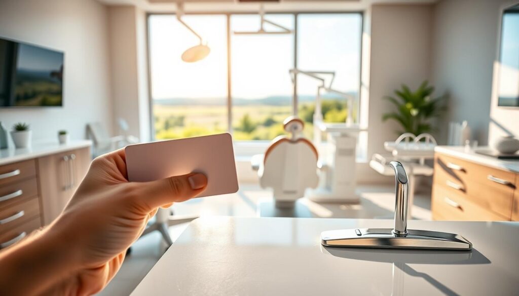 Dental insurance reset: a pristine dental office, sunlit and serene, with sleek modern chairs and instruments neatly arranged. In the foreground, a hand holds a dental insurance card, the surface reflecting the room's warm, natural lighting. A polished chrome nameplate on the desk reads "Dr. Whitesmile" as a metaphor for the fresh start. The background features a large window overlooking a lush, tranquil landscape, conveying a sense of renewal and well-being. The overall mood is one of calm optimism, inviting the viewer to embrace the opportunities presented by resetting their dental insurance coverage.