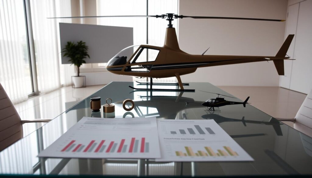 Detailed comparison of helicopter insurance costs, showcasing a side-by-side analysis of the Robinson R22 against other popular models. Set in a modern, minimalist office space with clean lines and neutral tones. Soft natural lighting illuminates a sleek glass table, upon which financial data and graphs are elegantly displayed. The R22 is prominently featured, its silhouette crisp and distinct, surrounded by smaller icons representing competing helicopters. The overall atmosphere is one of professionalism, precision, and informed decision-making, guiding the viewer towards an understanding of the relative costs and values across the helicopter insurance market.