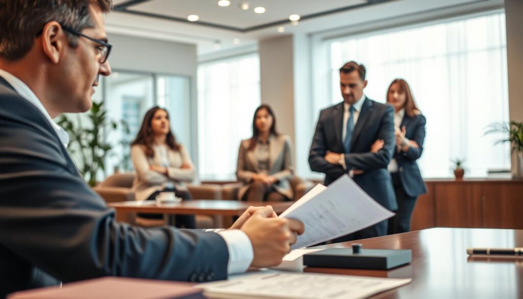 Detailed, realistic scene depicting the insurance company settlement process. In the foreground, an insurance agent sitting at a desk, carefully reviewing documents with a focused expression. In the middle ground, two clients - one looking relieved, the other anxious - engaged in discussion. The background shows an office interior with modern furnishings, tasteful decor, and soft, even lighting creating a professional, authoritative atmosphere. Convey a sense of the negotiation and resolution of a claim, with the insurance agent playing a central role in facilitating the settlement.