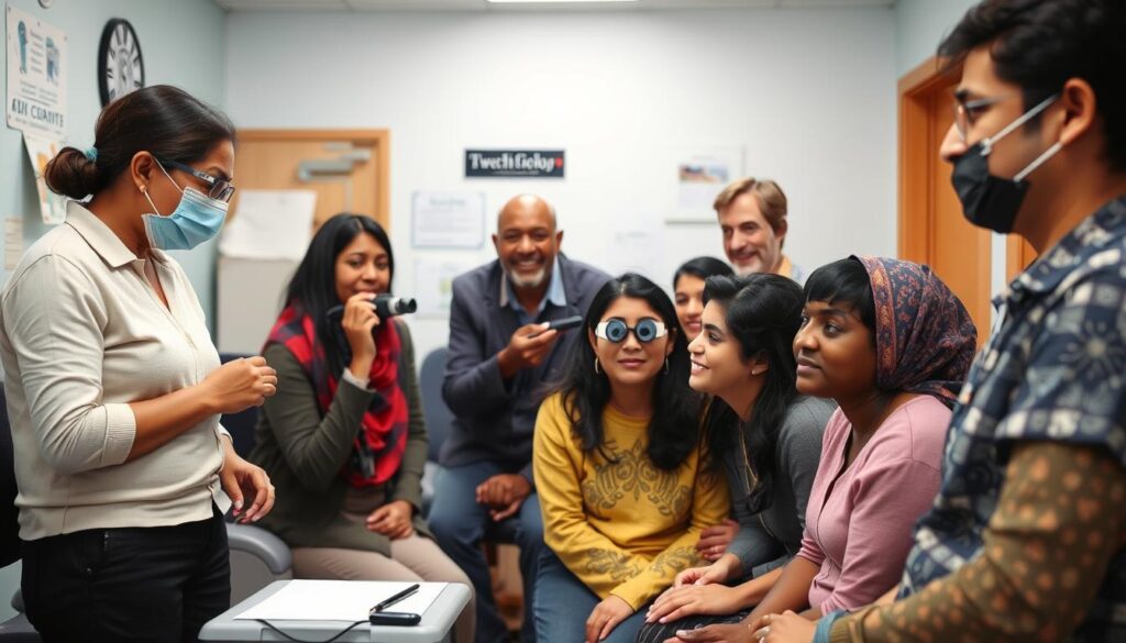 Generate an image of a diverse group of people receiving eye care and health check-ups.
