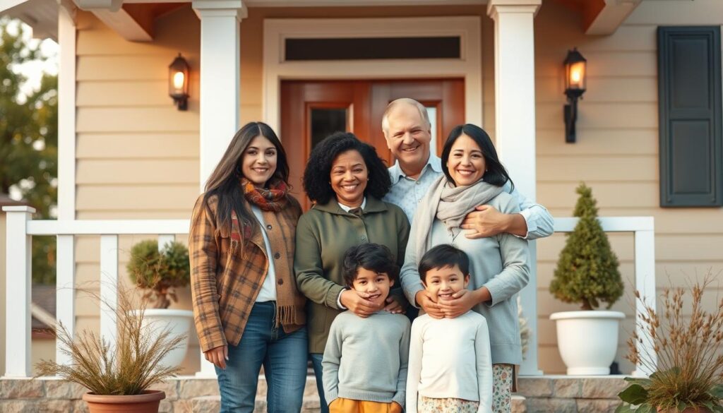Generate an image of a family in front of their home with a sense of security and protection.