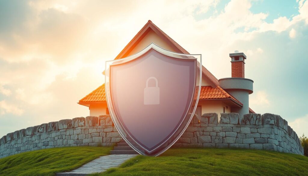 Generate an image of a home protected by a shield, symbolizing comprehensive insurance coverage.