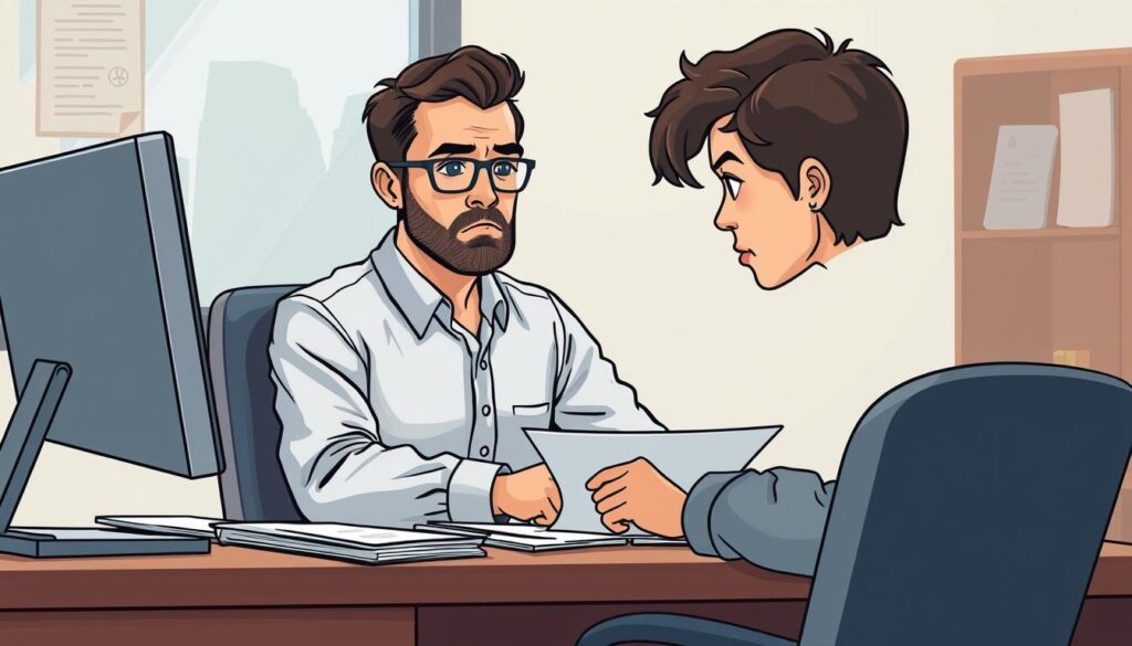 Generate an image of a person filing an auto insurance claim at a desk with a computer and insurance forms