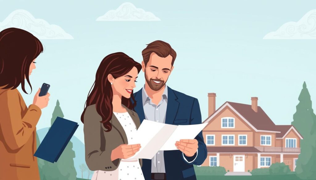 Generate an image of a real estate transaction with a title insurance company in the background.