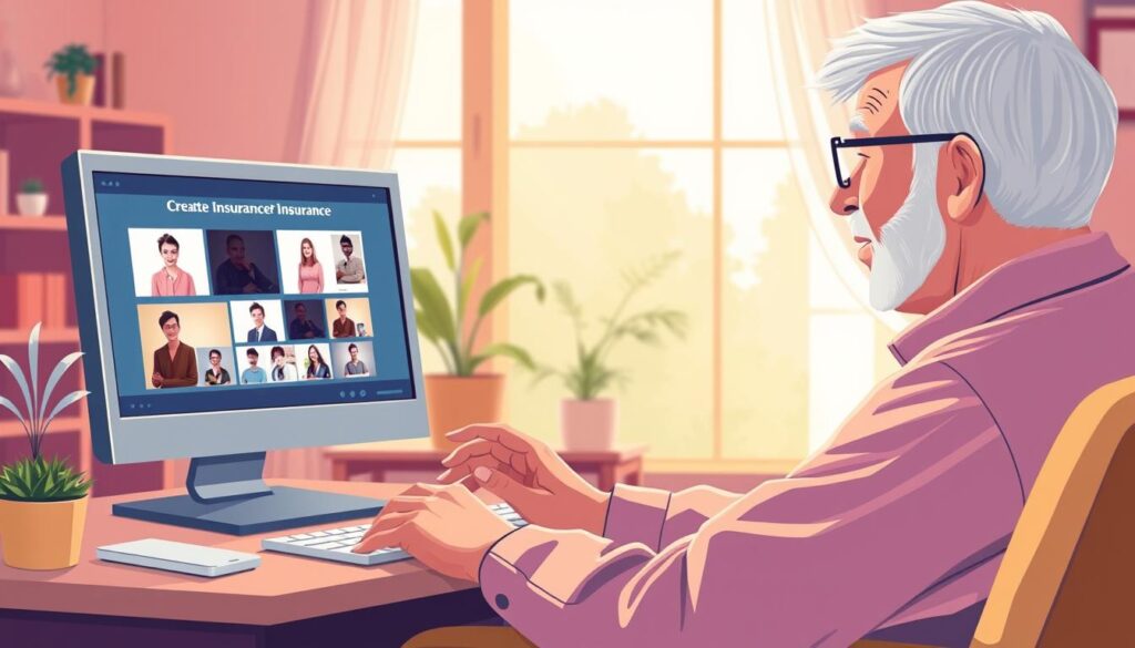Generate an image of a senior attending an online insurance webinar