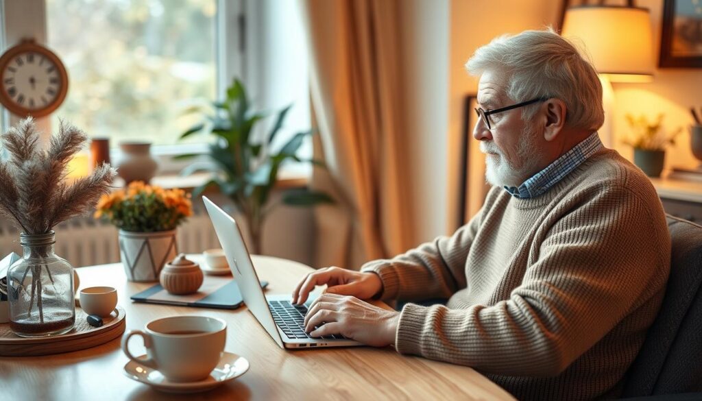 Generate an image of a senior homeowner attending an online webinar
