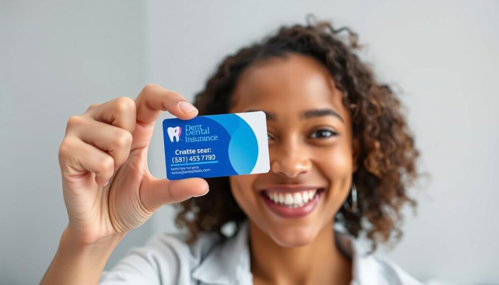 Generate an image of a smiling person with a dental insurance card