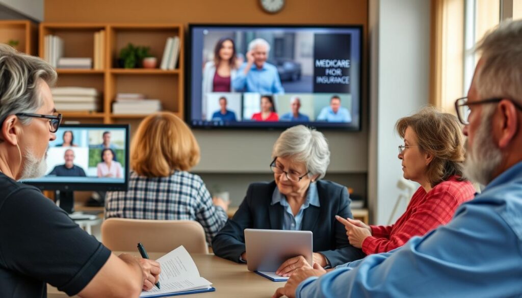 Image: A group of seniors attending a webinar on Medicare and health insurance