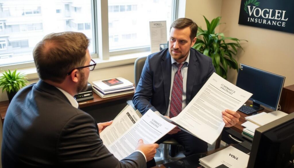 Image generation prompt: A business owner reviewing commercial insurance policies with a Vogel Insurance agent.
