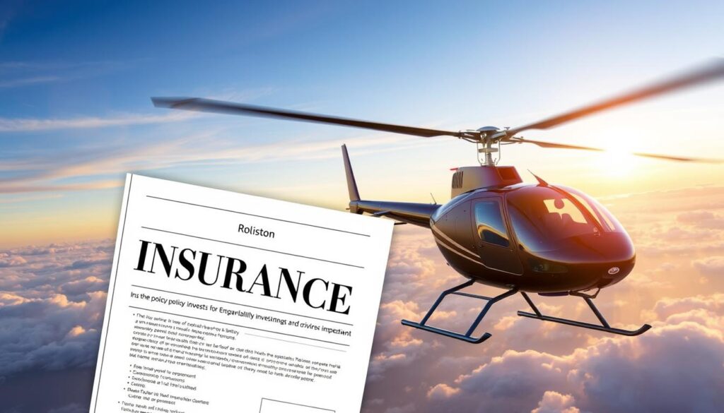 Image of a Robinson helicopter with an insurance policy document in the foreground.