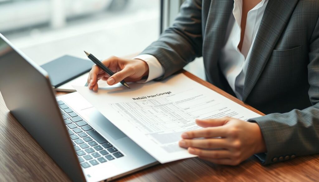 Image of a business professional reviewing contract documents with a focus on insurance coverage