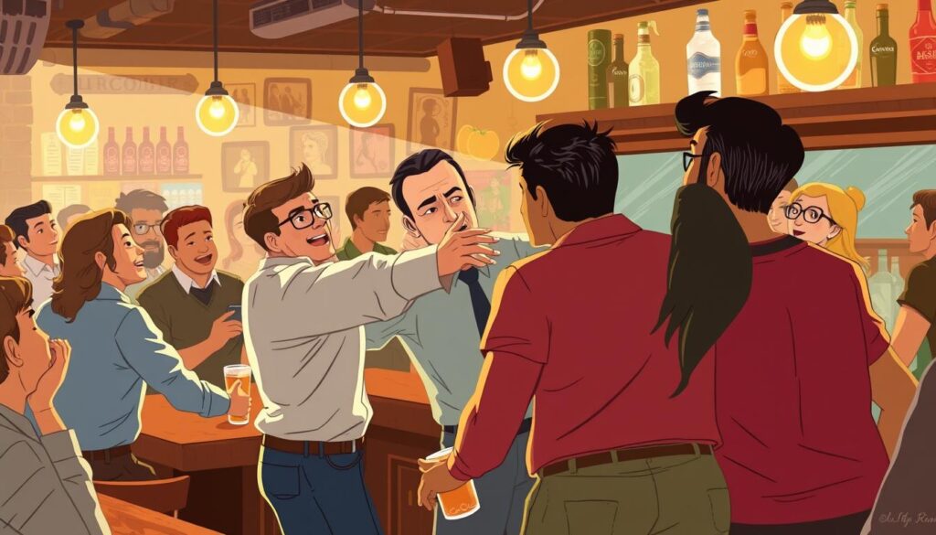 Image of a crowded bar with a bouncer managing a dispute