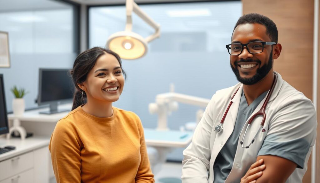Image of a person smiling with a dentist, representing accessible dental care