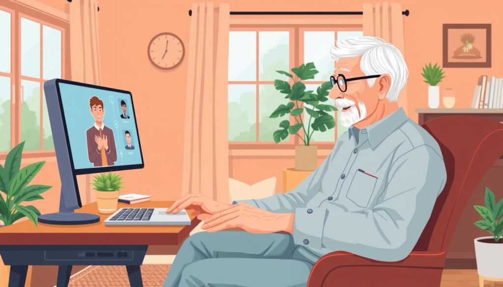 Image of a senior homeowner attending a virtual insurance session