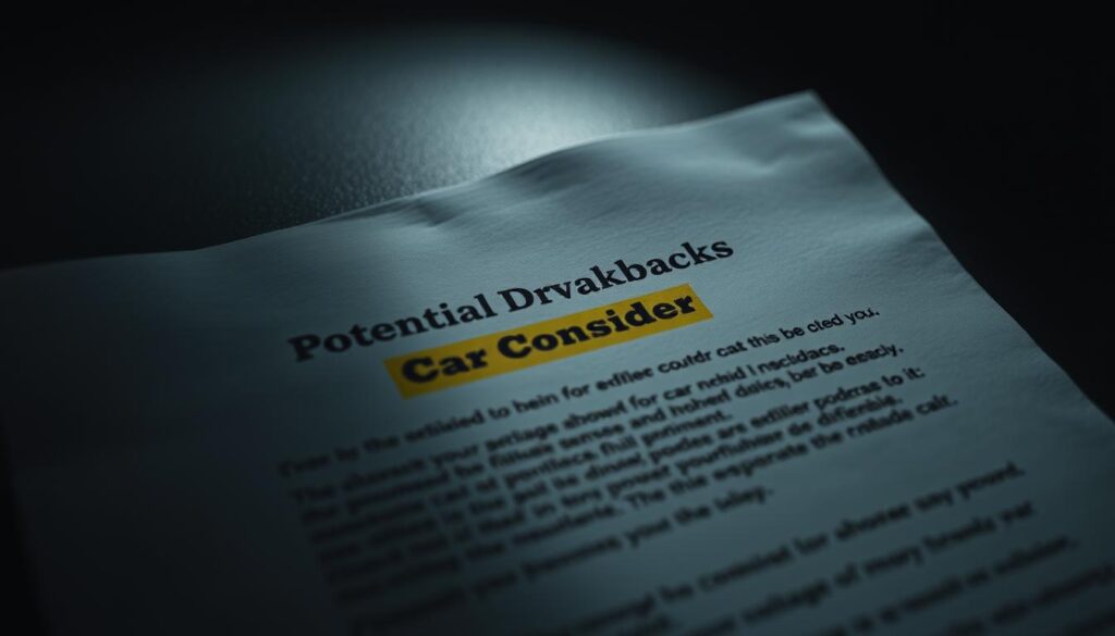 a close-up view of a car insurance policy document with a highlighted section titled "Potential Drawbacks to Consider," surrounded by a dark, moody atmosphere with dramatic lighting and a sense of unease, conveying the potential downsides or pitfalls of the insurance coverage, shot from a low angle with a shallow depth of field, creating a sense of tension and uncertainty.