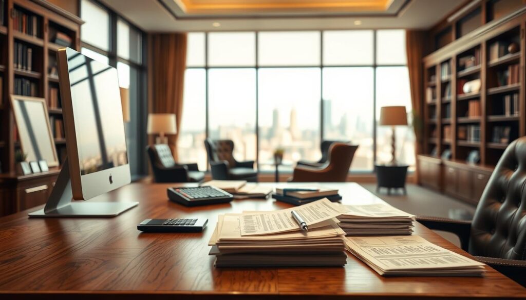a professional, detailed, high-quality photograph of financial stability and security, set in an elegant and sophisticated environment. the foreground features a large, solid oak desk with a computer, calculator, and stacks of financial documents. the middle ground shows a well-appointed office with leather chairs, bookshelves, and a large window overlooking a cityscape. the background is softly blurred, creating a sense of depth and tranquility. the lighting is warm and inviting, with a combination of natural light from the window and subtle ambient lighting. the overall atmosphere conveys a feeling of trust, reliability, and attention to detail, perfectly suited for the "Attorneys Title Insurance Fund: Protecting Your Real Estate" article.