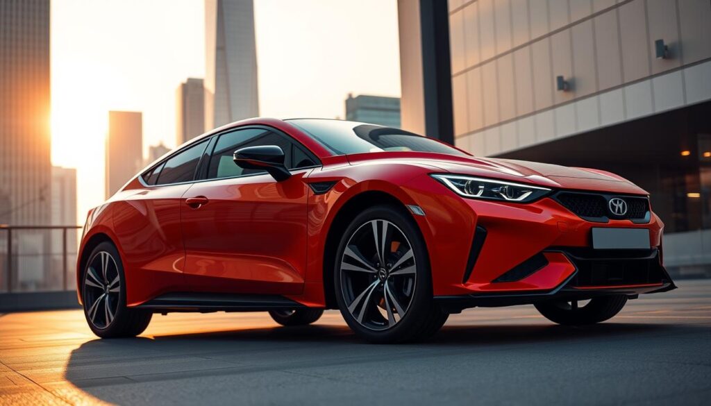 a sleek and modern car with a bold, distinctive design, parked in a well-lit, contemporary urban setting. The car's exterior features a vibrant, eye-catching color scheme, with sharp lines and dynamic curves that convey a sense of speed and power. The background showcases a clean, minimalist cityscape, with skyscrapers and modern architecture framing the scene. Warm, directional lighting bathes the car in a soft, inviting glow, highlighting its premium features and attention to detail. The overall composition exudes a sense of reliability, sophistication, and the promise of reliable car insurance coverage from AutoHero USA.